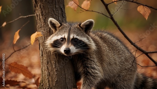 Raccoon Peeking from Behind a Tree in Autumn. photo