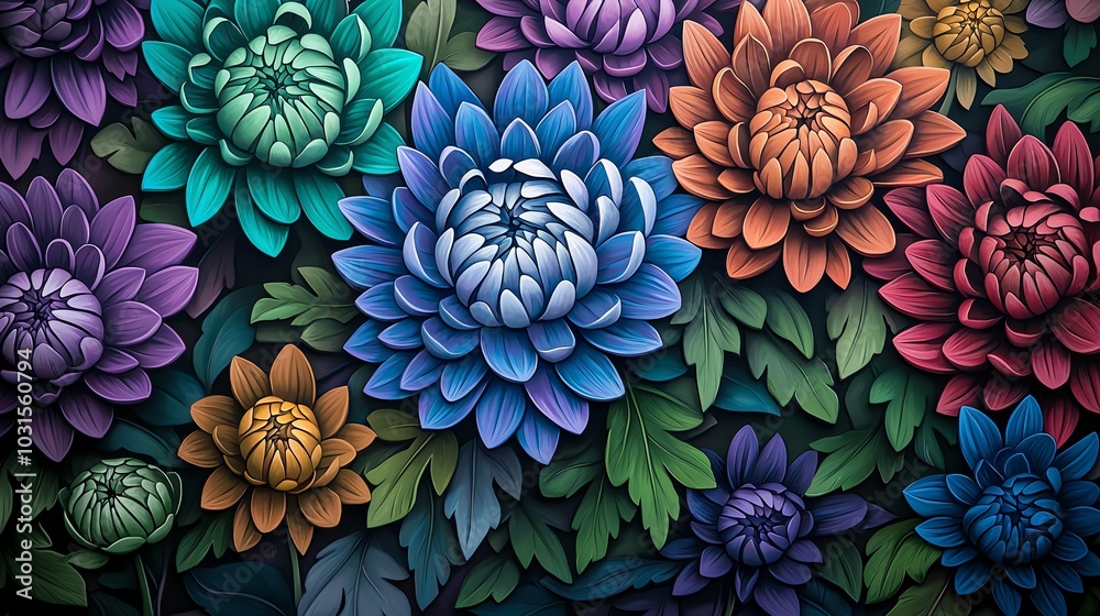 Fototapeta premium A vibrant floral mural featuring colorful lotus flowers with intricate petals and lush green leaves, creating a lively and artistic composition.