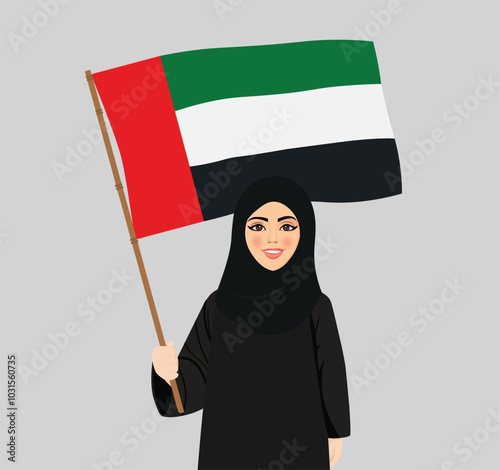 Arabic girl from United Arab Emirates holding flag of UAE