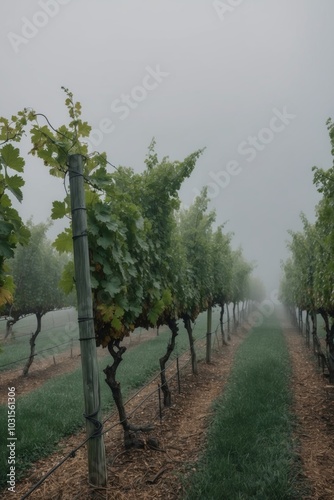 Vineyard in Fog with Grape Vines in Soft Light. photo