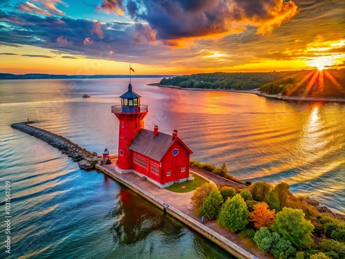 Stunning Panoramic View of Holland Big Red Lighthouse at Sunset, Capturing the Vibrant Colors of the Sky and Reflecting on the Tranquil Waters of Lake Macatawa, Perfect for Travel and Nature Lovers photo