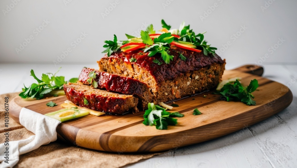 Savory Meatloaf with Tasty Garnishes on a Wooden Board.