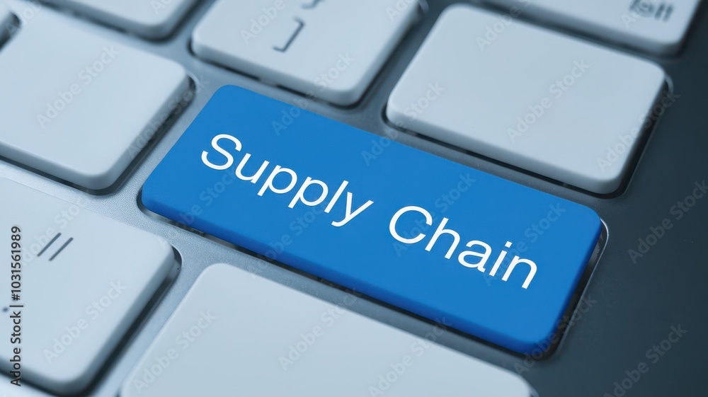 Close-up of a keyboard with a blue key labeled 'Supply Chain'. Close-up of a keyboard with a blue key labeled 'Supply Chain'.