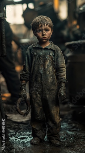 Wallpaper Mural A child working in a grimy factory, covered in soot, operating heavy machinery with their small hands Torontodigital.ca