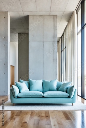 Serene and Inviting Turquoise Sofa in Bright Modern Living Space with Concrete and Wood Accents. photo