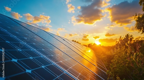 Solar Panels During Sunset with Beautiful Sky