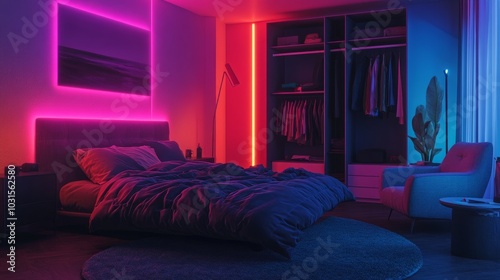 A nighttime bedroom with glowing neon lights, an untidy bed, and scattered clothes in the closet, complemented by armchairs and a minimalist floor lamp. photo