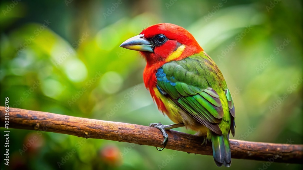 Redheaded Barbet on a Branch Amidst Lush Greenery - Captivating Nature Photography Redheaded Barbet on a Branch Amidst Lush Greenery - Captivating Nature Photography