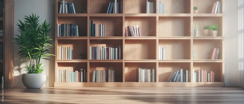 Sunlight Streaming Through Bookshelves: A warm, inviting interior with a wooden bookshelf filled with books, bathed in the soft glow of sunlight. The scene evokes a sense of peace and tranquility. Sunlight Streaming Through Bookshelves: A warm, inviting interior with a wooden bookshelf filled with books, bathed in the soft glow of sunlight. The scene evokes a sense of peace and tranquility.