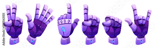 Robot hand gestures set isolated on white background. Vector cartoon illustration of bionic prosthesis with neon button, mechanical fingers making victory, high five, rock signs, fist, pointing up