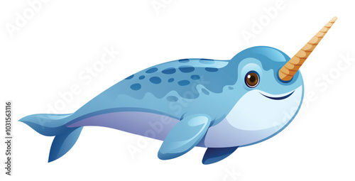 Cute narwhal swimming. Vector cartoon illustration isolated on white background