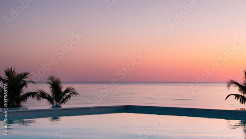 Serene Sunset Over Calm Ocean with Infinity Pool.