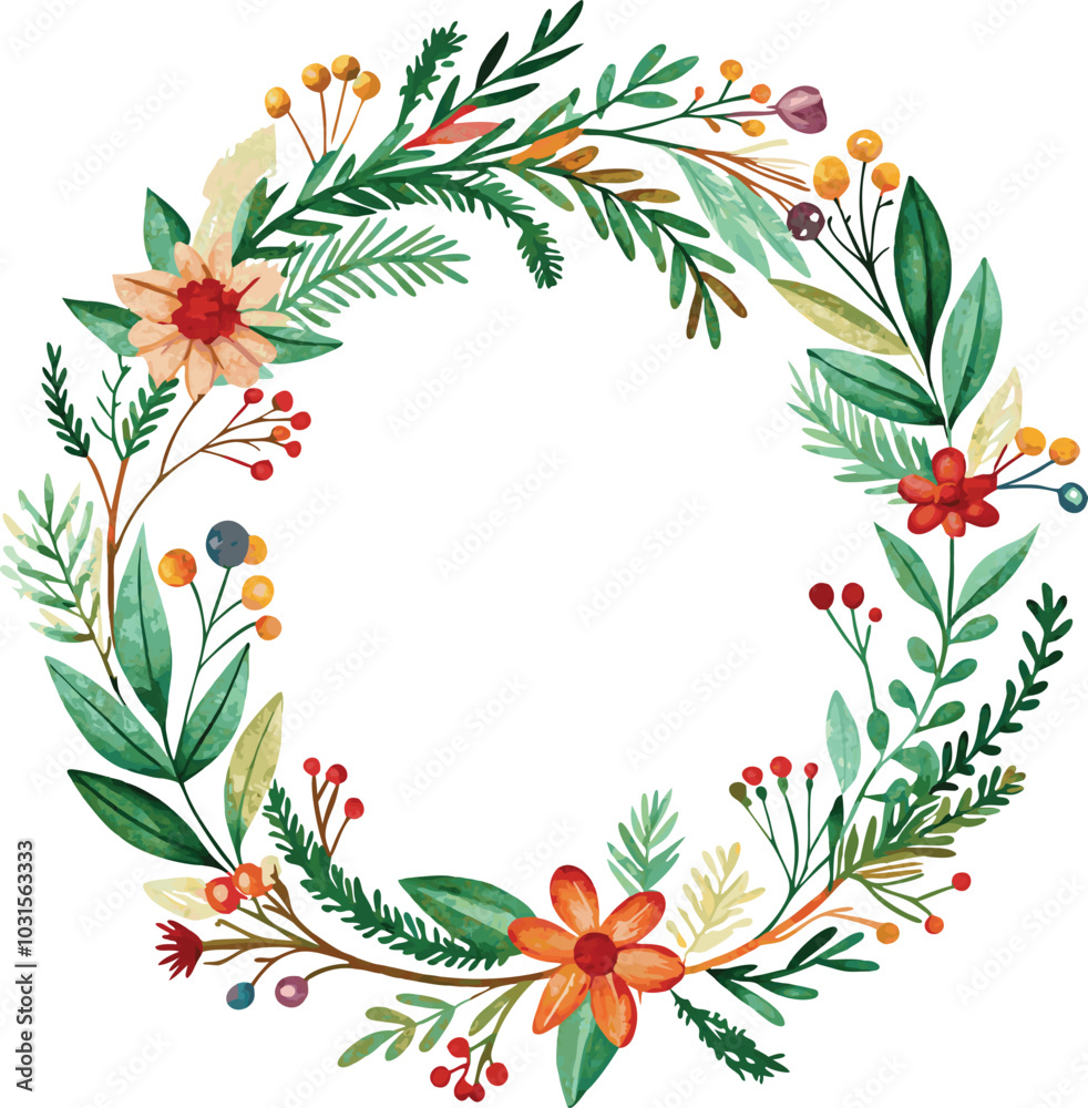 Obraz premium Watercolor Floral Wreath with Green Foliage