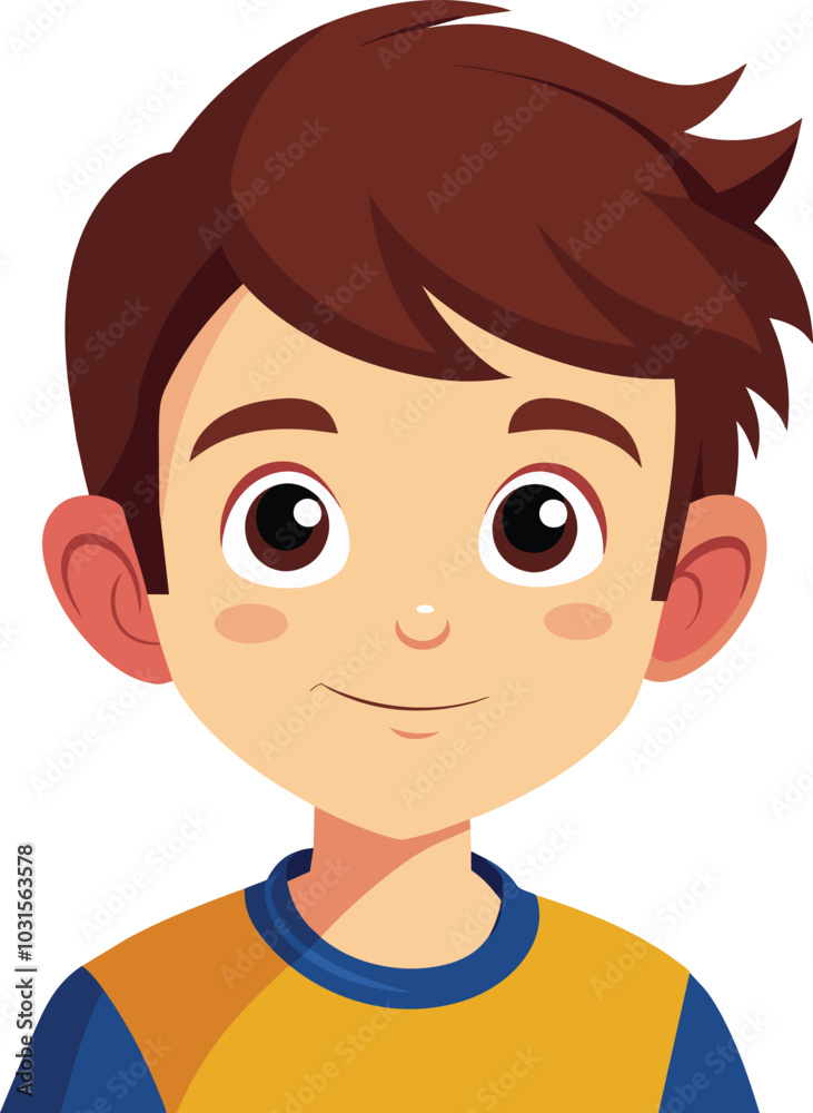 Smiling Boy Cartoon Illustration: This illustration features a young boy with brown hair and eyes, wearing a yellow and blue shirt, smiling warmly. The cartoon style is simple and friendly.