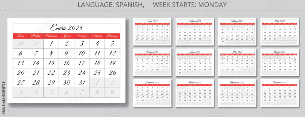2025 Spanish calendar. A collection of paper page vector illustrations with handwritten script for each month in year. Spain 2025 Spanish calendar. A collection of paper page vector illustrations with handwritten script for each month in year. Spain