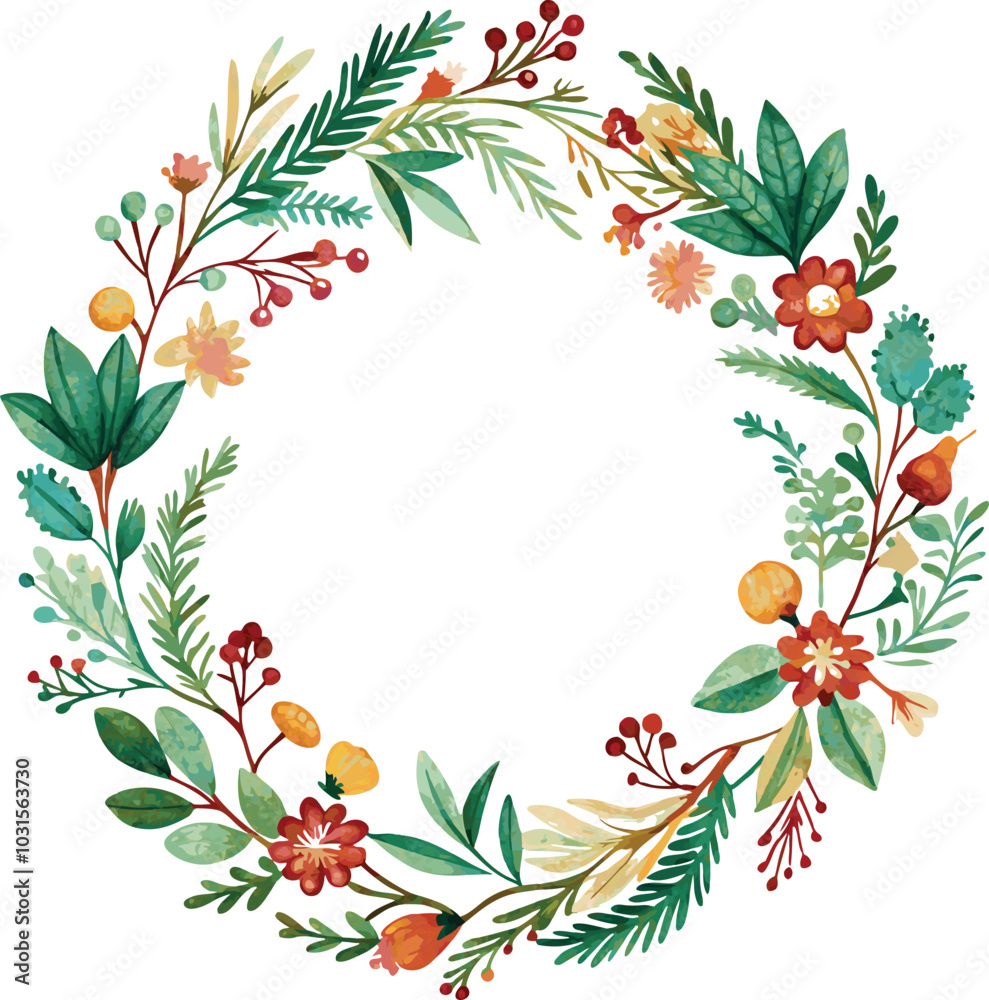 Naklejka premium Watercolor Floral Wreath With Green Leaves