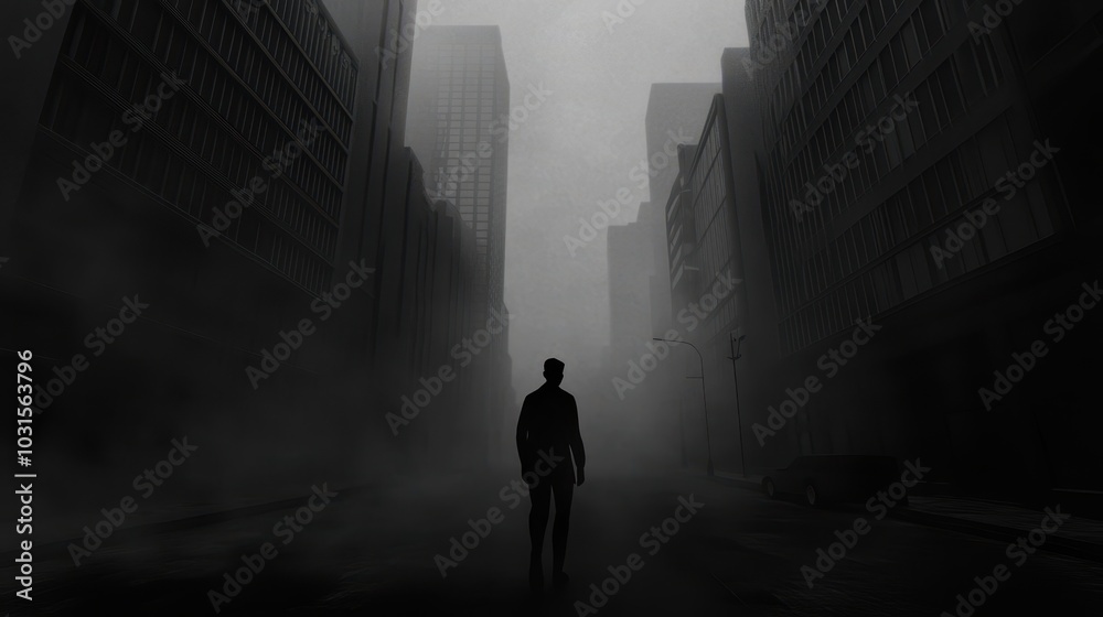 A solitary figure stands in a foggy, urban landscape with towering buildings, evoking a sense of isolation and mystery. A solitary figure stands in a foggy, urban landscape with towering buildings, evoking a sense of isolation and mystery.