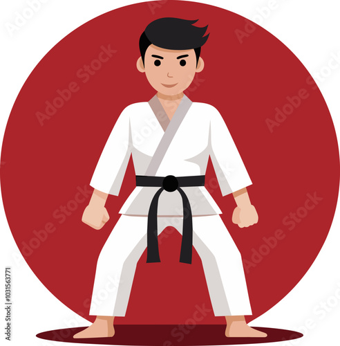 Martial Arts Master: A young man with a determined look, clad in a pristine white karate gi and a black belt, stands in a powerful stance, ready to unleash his skills.