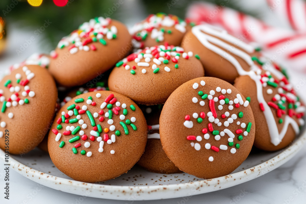 A Close-Up Of Swedish Gingerbread Cookies (Pepparkakor), Decorated With Icing And Sprinkles, Arranged On A Festive Plate A Close-Up Of Swedish Gingerbread Cookies (Pepparkakor), Decorated With Icing And Sprinkles, Arranged On A Festive Plate
