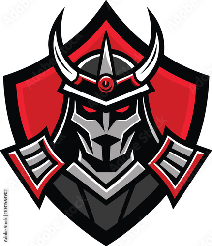 Samurai Warrior Emblem: A powerful and evocative mascot design, featuring a fierce samurai warrior in full armor, ready for battle. The emblem is set against a bold red shield, symbolizing strength.