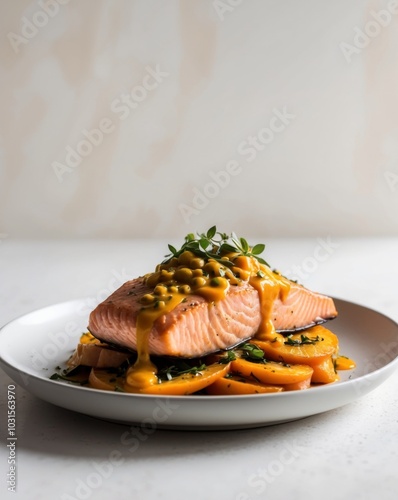 Salmon Fillet with Passion Fruit Sauce on a Bed of Pumpkin. photo