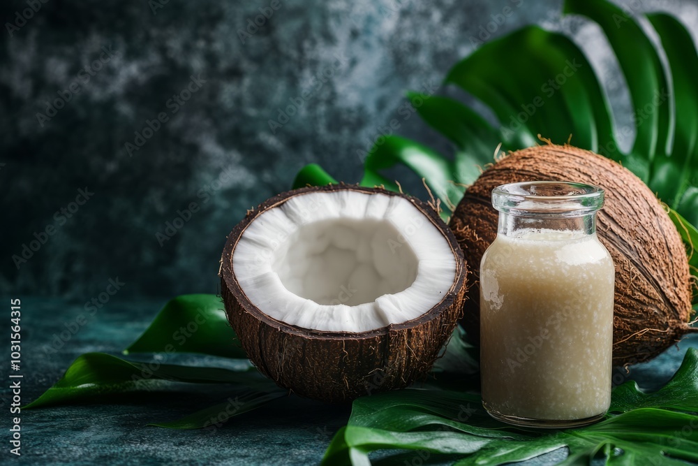 Fresh coconut halves sit beside a glass jar of coconut milk. A tropical vibe with green leaves adds a refreshing touch. Perfect for food lovers. Generative AI Fresh coconut halves sit beside a glass jar of coconut milk. A tropical vibe with green leaves adds a refreshing touch. Perfect for food lovers. Generative AI