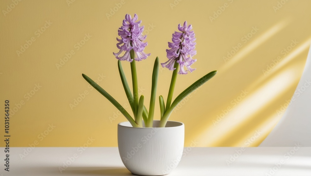 Purple Hyacinth Flowers in a Pot on a Yellow Background. Purple Hyacinth Flowers in a Pot on a Yellow Background.