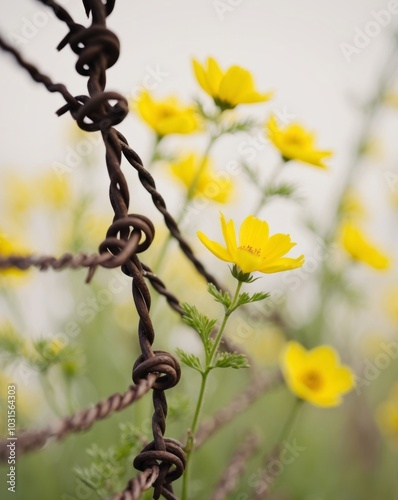 Rusty Barbed Wire Fence With Blurred Yellow Flowers in Background. photo