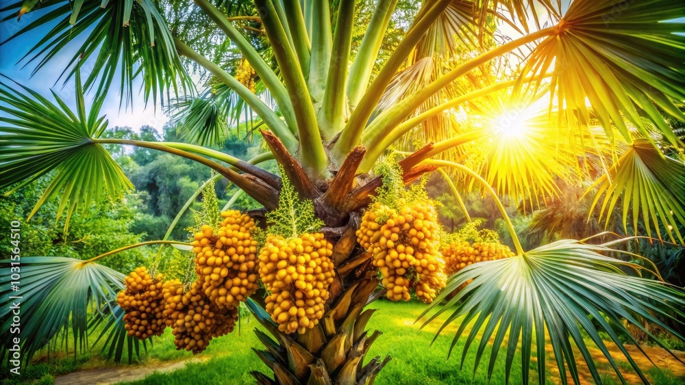 Aerial View of Trachycarpus Fortunei with Young Flowers and Golden Yellow Fruits, Capturing the Beauty of Chusan Palm in a Lush Green Landscape Aerial View of Trachycarpus Fortunei with Young Flowers and Golden Yellow Fruits, Capturing the Beauty of Chusan Palm in a Lush Green Landscape