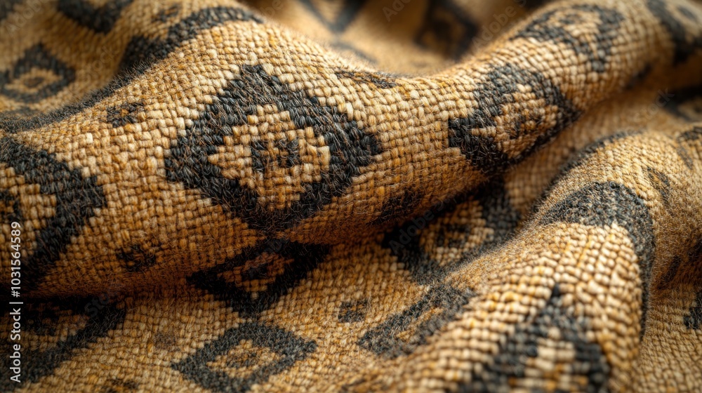 Close-up of textured fabric with geometric patterns in earthy tones.