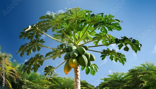 A tropical scene featuring a papaya tree with ripe fruits hanging, set against a clear blue sky.
