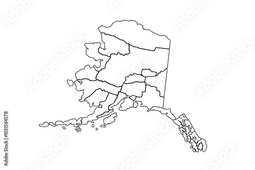Alaska map outline, linear doodle illustration. isolated on white background for website layouts,background,education, precise,customizable,Travel worldwide,map silhouette backdrop,earth geography.