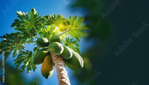 A tropical scene featuring a papaya tree with ripe fruits hanging, set against a clear blue sky. photo