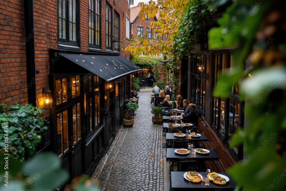 An Outdoor Scene Featuring A Charming Cafe In Copenhagen, With People Enjoying Plates Of Danish Open-Faced Sandwiches, Surrounded By Typical Scandinavian D??Cor And Greenery An Outdoor Scene Featuring A Charming Cafe In Copenhagen, With People Enjoying Plates Of Danish Open-Faced Sandwiches, Surrounded By Typical Scandinavian D??Cor And Greenery