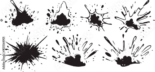 Abstract ink splatter shapes create vector illustration on white background.