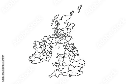 United Kingdom and Ireland map outline, linear doodle illustration. isolated on white background for website layouts,background,education, precise,customizable,Travel worldwide,map silhouette.