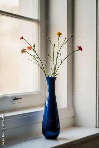 The sun is shining through a blue vase on a windowsill. photo