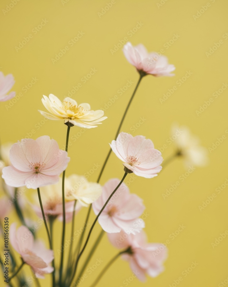 Pink and Yellow Flowers Bouquet on Yellow Background. Pink and Yellow Flowers Bouquet on Yellow Background.