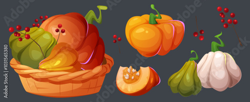 Autumn harvest in whicker basket. Cartoon vector illustration set of fall season squash vegetable and berry. Orange, green and white pumpkin - whole, pile in grocery box and cut slice with seeds. photo