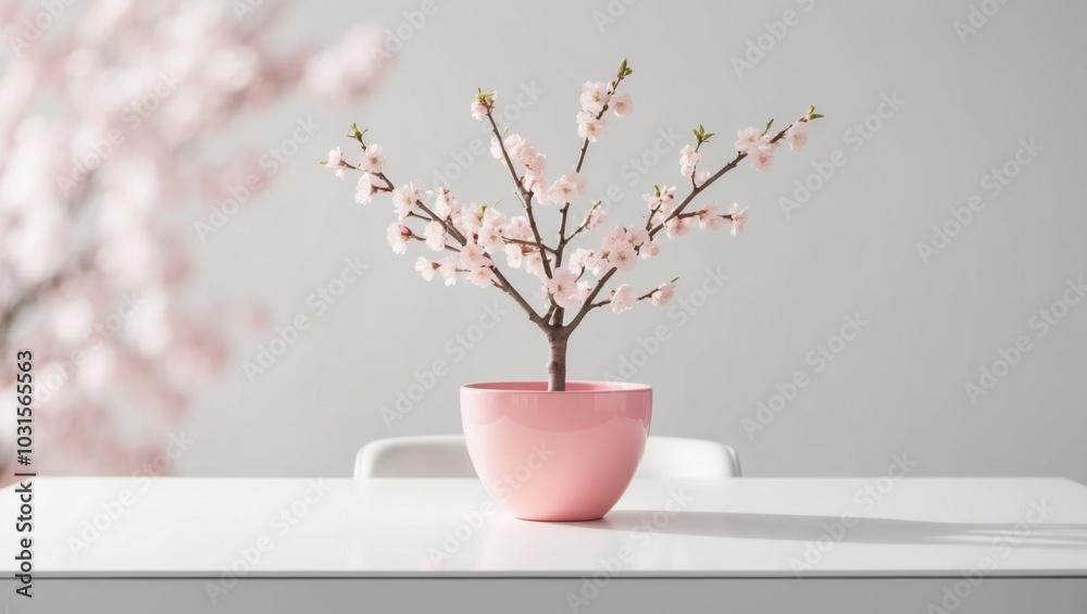 Pink Blossom Tree in a Pink Pot on a Modern Desk.