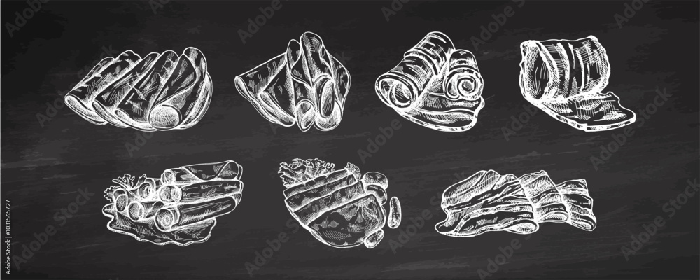 Hand-drawn vector sketch set of bacon, hamon or pork meat, ham slices n chalkboard background. Italian prosciutto vintage sketch. Butcher shop. Great for label, restaurant menu. Engraved image. Hand-drawn vector sketch set of bacon, hamon or pork meat, ham slices n chalkboard background. Italian prosciutto vintage sketch. Butcher shop. Great for label, restaurant menu. Engraved image.