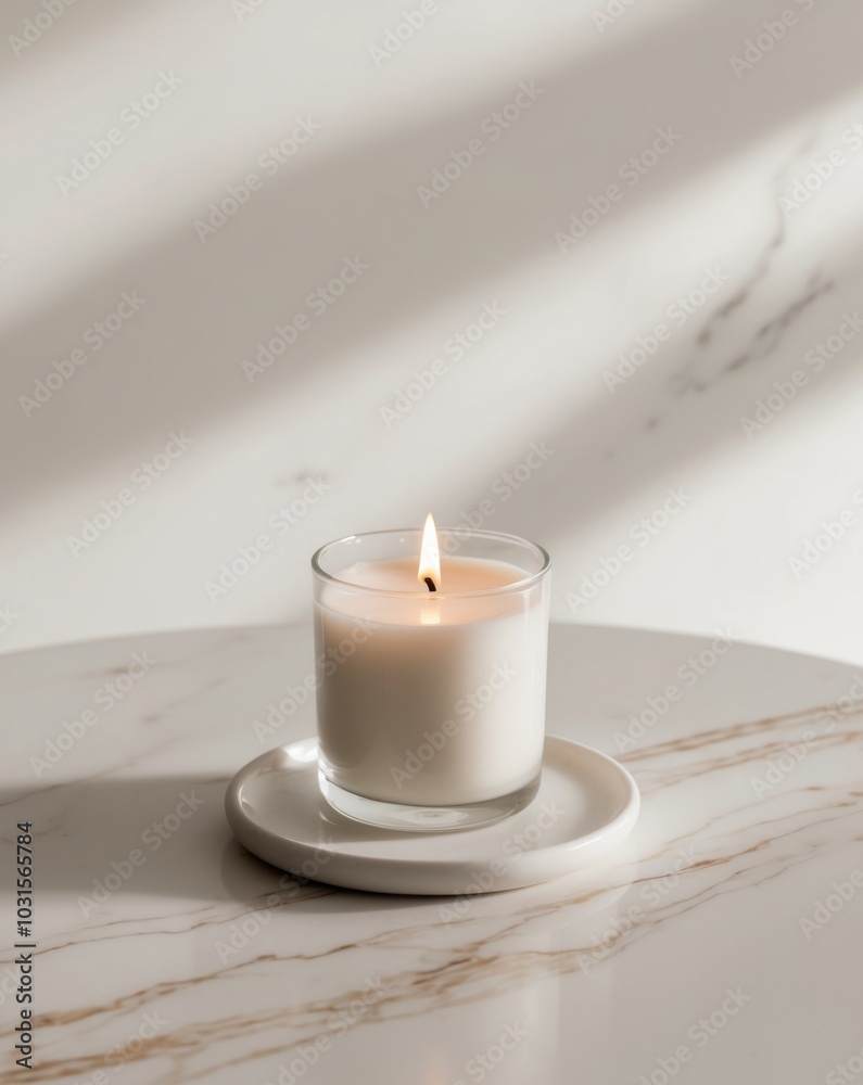 Serene Single White Candle in Glass Holder on Marble Surface with Soft Blurred Background. Serene Single White Candle in Glass Holder on Marble Surface with Soft Blurred Background.