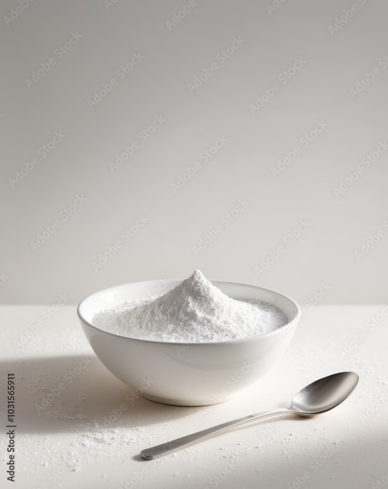Powdered milk packed with nutrients in a bowl accompanied by a spoon. Powdered milk packed with nutrients in a bowl accompanied by a spoon.