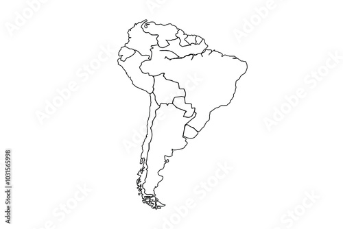 South America map outline, linear doodle illustration. isolated on white background for website layouts,background,education, precise,customizable,Travel worldwide,map silhouette backdrop.