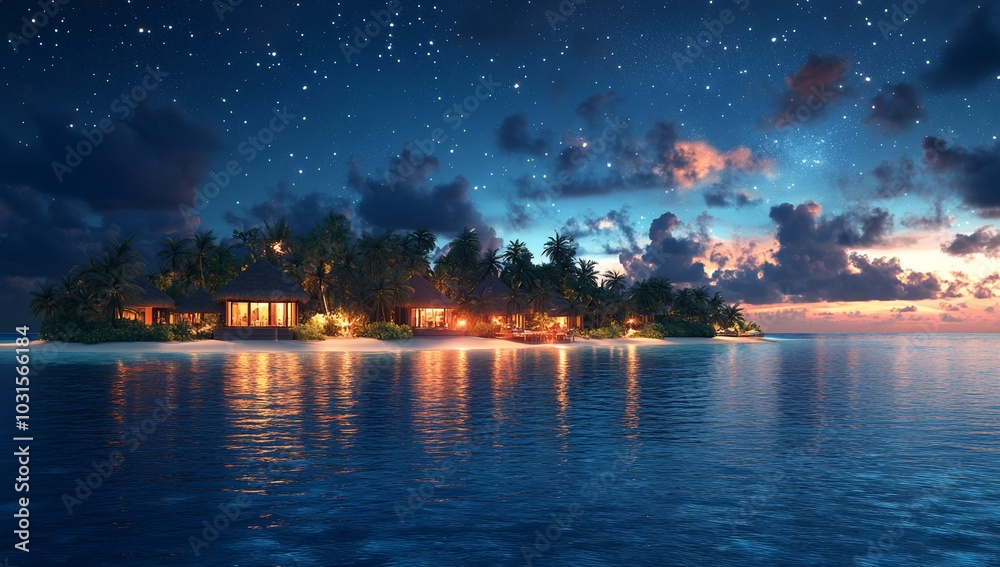 A serene tropical island at dusk, illuminated with warm lights and a starry sky. A serene tropical island at dusk, illuminated with warm lights and a starry sky.