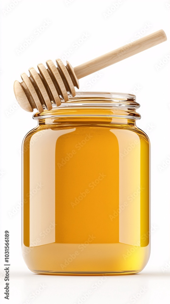 Organic honey jar, with honeycomb and dipper, 3D illustration Organic honey jar, with honeycomb and dipper, 3D illustration