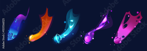Fantasy asteroid with colorful fire and dust path. Cartoon vector illustration set of fast flying outer space comet with neon glowing tail. Star shower or falling meteorite stone with trail.