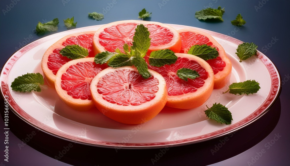 A sliced grapefruit arranged in a circular pattern on a white plate, with mint leaves as garnish. A sliced grapefruit arranged in a circular pattern on a white plate, with mint leaves as garnish.