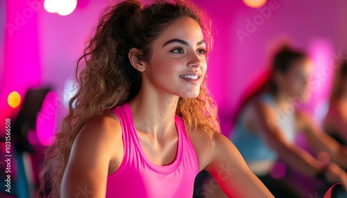 Woman on Stationary Bike at the Gym photo