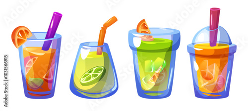 Cold lemonade beverage in glass and plastic takeaway cups with straw. Cartoon vector set of citrus drink with lemon and orange, lime and tangerine slices and pieces, ice cubes and green leaf. photo